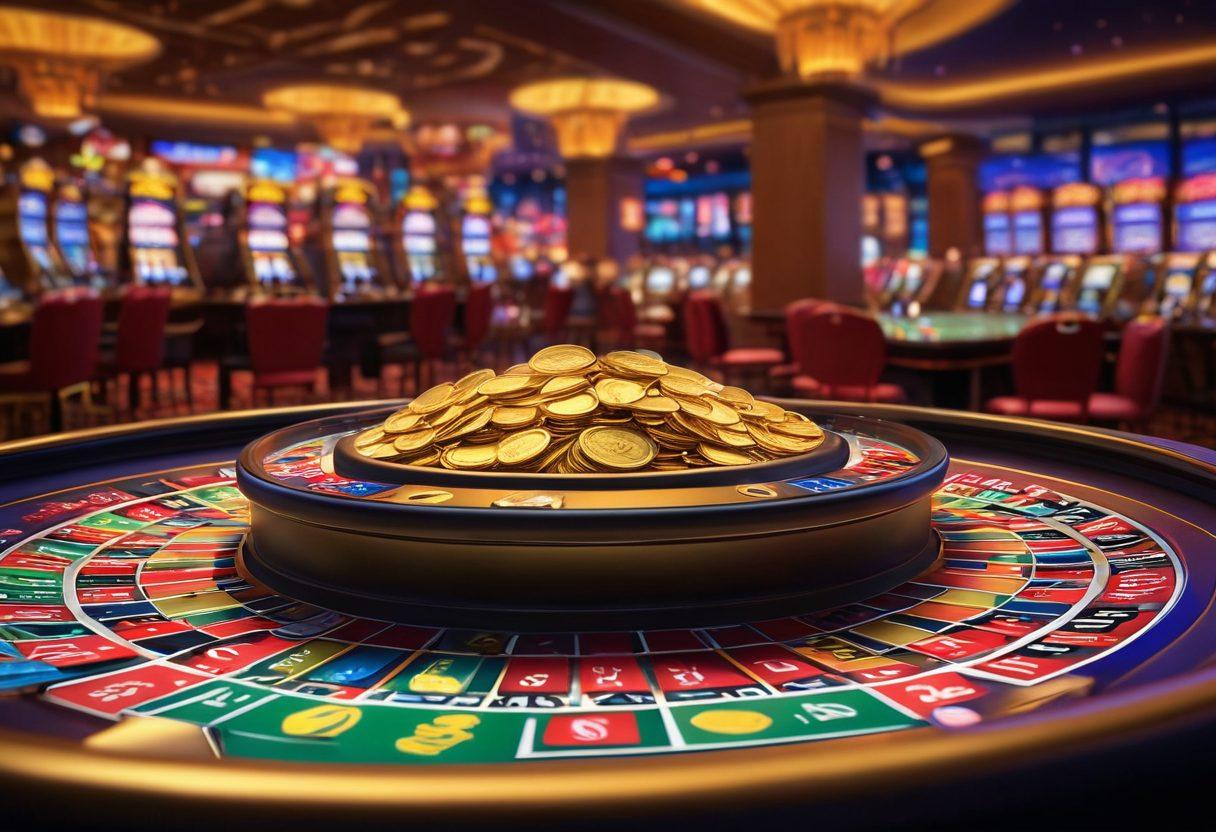 An inviting casino scene with vibrant slot machines, poker tables, and roulette wheels, surrounded by floating golden coins and glowing jackpot symbols. Include a colorful guidebook with tips and strategies opened on a table, alongside a cocktail and a stack of chips. The atmosphere should be lively and engaging, suggesting excitement and opportunities to win. super-realistic. vibrant colors. 3D.